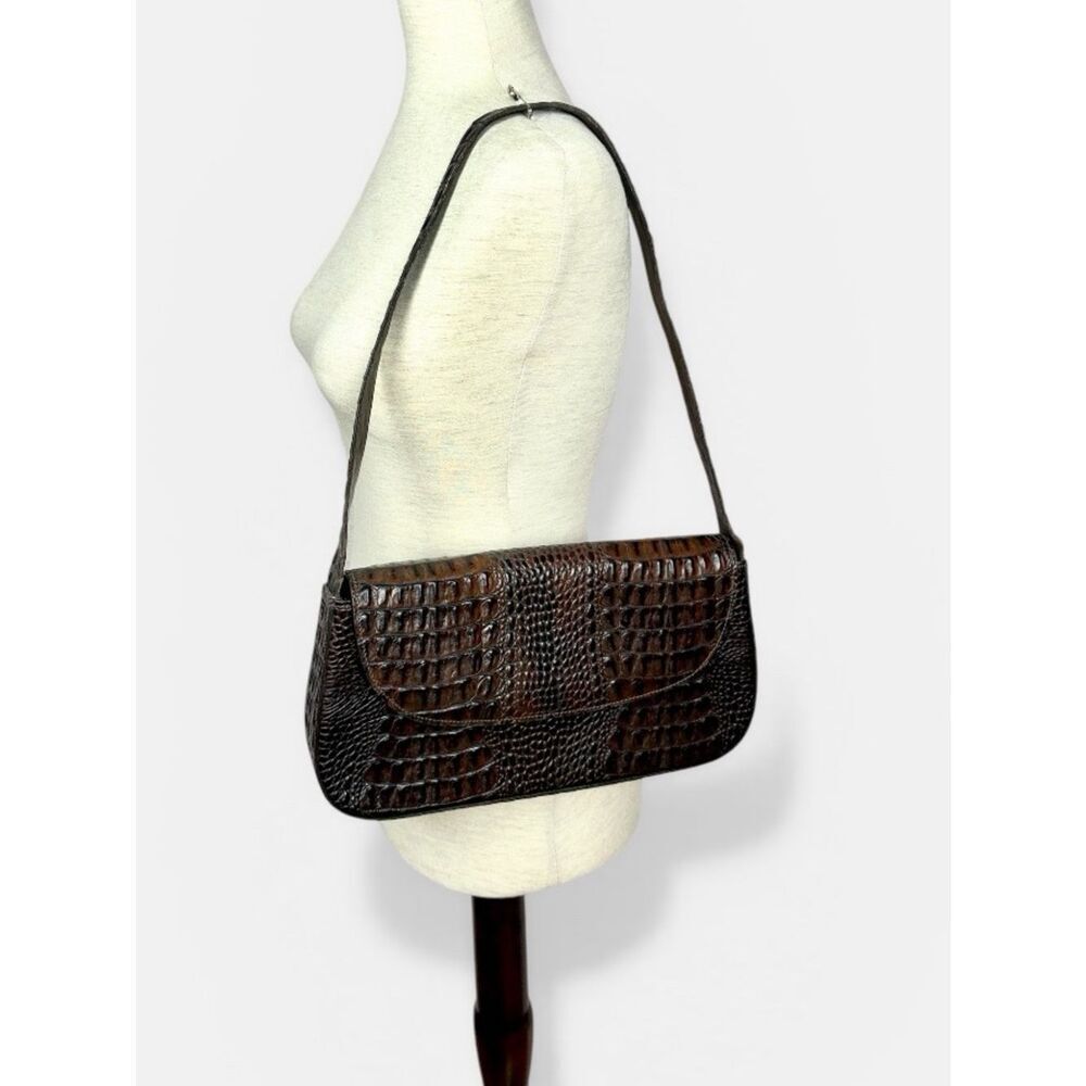 Vintage BRAHMIN Brown Croc Embossed Leather Shoulder Bag Baguette Purse Flap Top